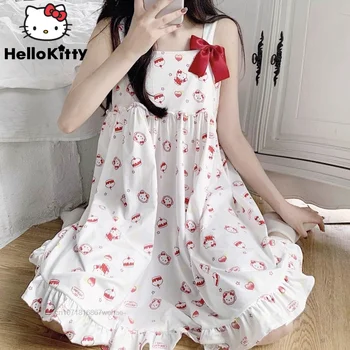 Sanrio Hello Kitty Kawaii Женская Ночная рубашка в стиле Лолиты Y2k Студенческий Милый Тренд, Свободное Платье-комбинация С открытой Спиной Для девочек, Повседневная Домашняя одежда