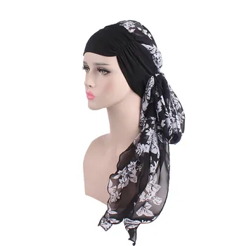 Женские мусульманские хиджабы с цветочным принтом, Летняя шифоновая шапочка, Эластичные повязки на голову, Хлопчатобумажный Тюрбан, Хиджабы