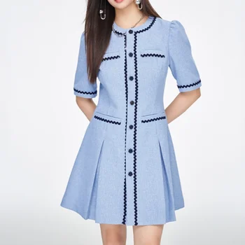 Женское Синее платье с круглым вырезом Весна-лето 2023, Элегантное, шикарное Корейское платье с плиссированным подолом, Маленькое, Ароматное, с короткими рукавами, Милое платье