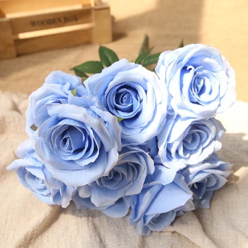 Имитация цветов из шелка, Букет искусственных роз, свадебный декор, светло-голубой цветок, искусственное растение, украшение сада на балконе, Красные розы