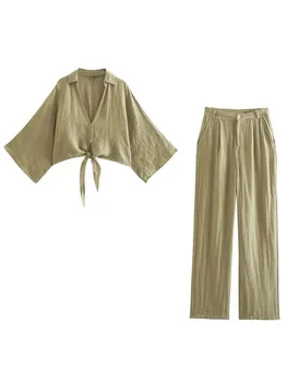 Комплекты брюк TRAF Woman из 2 предметов 2023, новая модная укороченная блузка с узлом, женский костюм, повседневные брюки, комплект из двух предметов, женская одежда