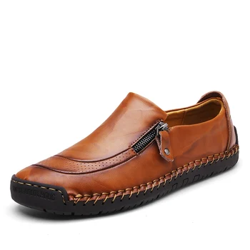 Новые мужские кожаные туфли из 100% воловьей кожи большого размера, модная деловая повседневная мужская обувь с боковой молнией, мужские лоферы, вулканизированная обувь