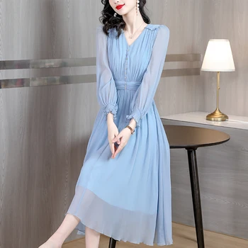 Синее шелковое платье с длинными рукавами для весенних женщин 2023 года, Новое Сетчатое платье из шелка тутового цвета с высокой отстрочкой, демонстрирующее тонкую и длинную юбку